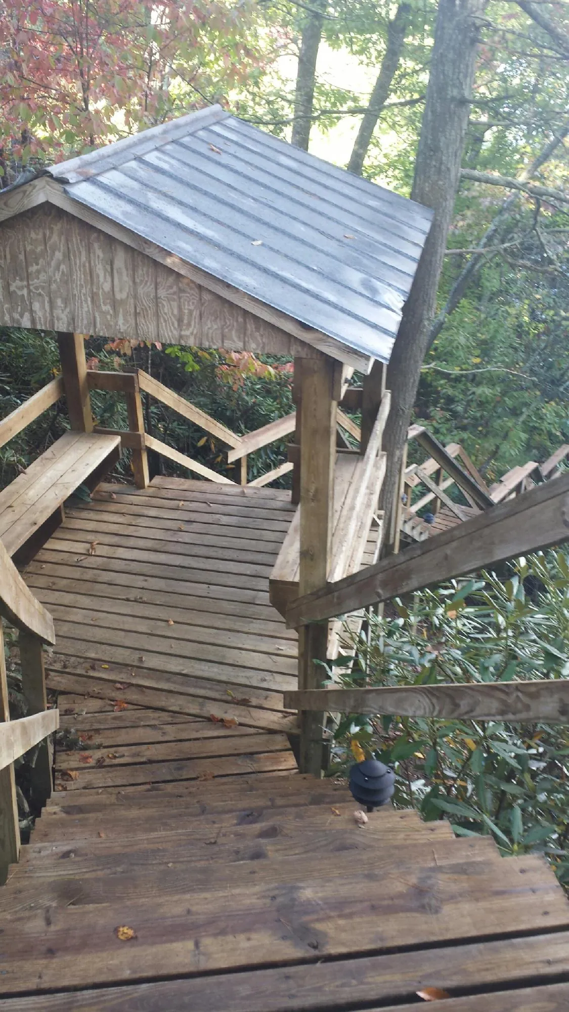 Metal roofed shelter over wooden steps on a wooded walkway — Skylight Repair & Installation work by our crew in Dutton